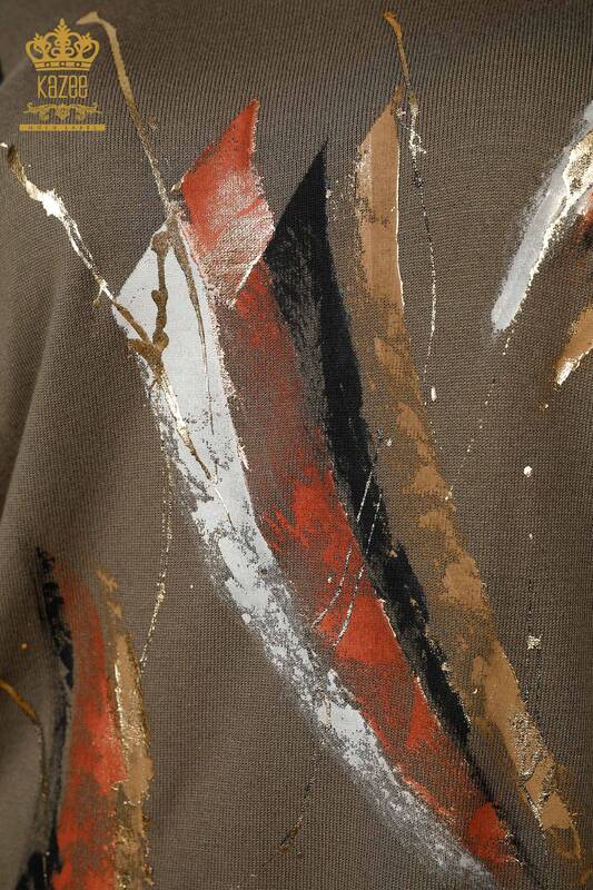 Vente en gros de tricots pour femmes à motif de plumes colorées à col ras du cou - 16592 | KAZEE
