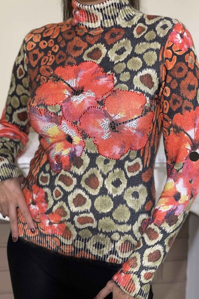 Vente en gros de tricots brodés de fleurs de pierre angora numérique pour femmes - 18407 | KAZEE - Thumbnail