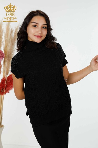 Grossiste Tricot Femme Épaule Cristal Pierre Brodé Noir - 30097 | KAZEE - Kazee