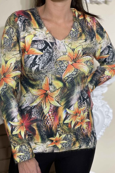 Vente en gros de tricots brodés floraux angora à impression numérique pour femmes - 18764 | KAZEE - Thumbnail