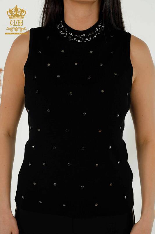 Grossiste Tricots Femme - Perles Détaillées - Noir - 30041 | KAZEE