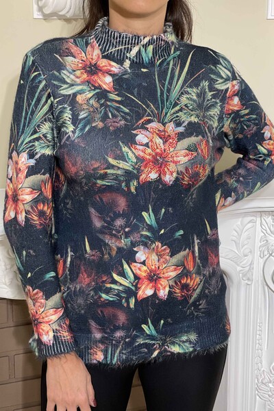 Vente en gros de pull en tricot angora à imprimé numérique floral pour femmes - 18819 | KAZEE - Thumbnail