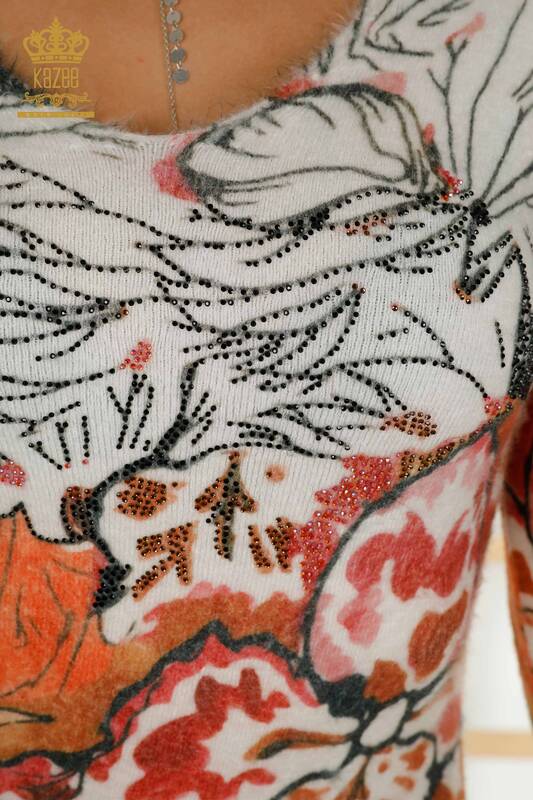 Grossiste Pull Femme Tricot Impression Numérique Angora Orange - 18975 | KAZEE