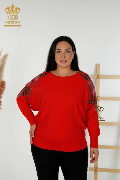 Grossiste Pull Femme Épaule Détail Floral Corail - 16133 | KAZEE - Kazee