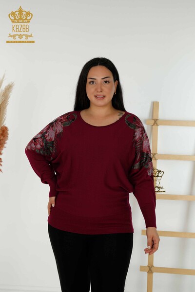 Grossiste Pull Femme Épaule Détail Floral Violet - 16133 | KAZEE - Kazee