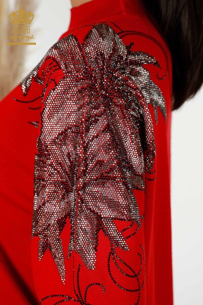 Grossiste Pull en Tricot Femme Épaule Fleur Détaillée Rouge - 16597 | KAZEE - Thumbnail