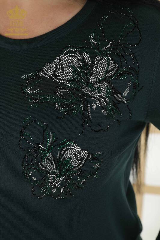 Grossiste Pull Tricot Femme - Motif Floral - Vert Foncé - 30152 | KAZEE