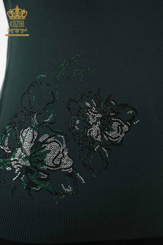 Grossiste Pull Tricot Femme - Motif Floral - Vert Foncé - 30152 | KAZEE
