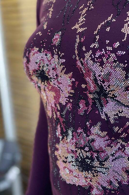 Vente en gros de pulls en tricot de pierre brodés à motif floral pour femmes - 16652 KAZEE