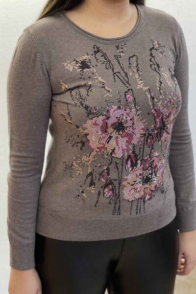 Vente en gros de pulls en tricot de pierre brodés à motif floral pour femmes - 16652 KAZEE - Thumbnail