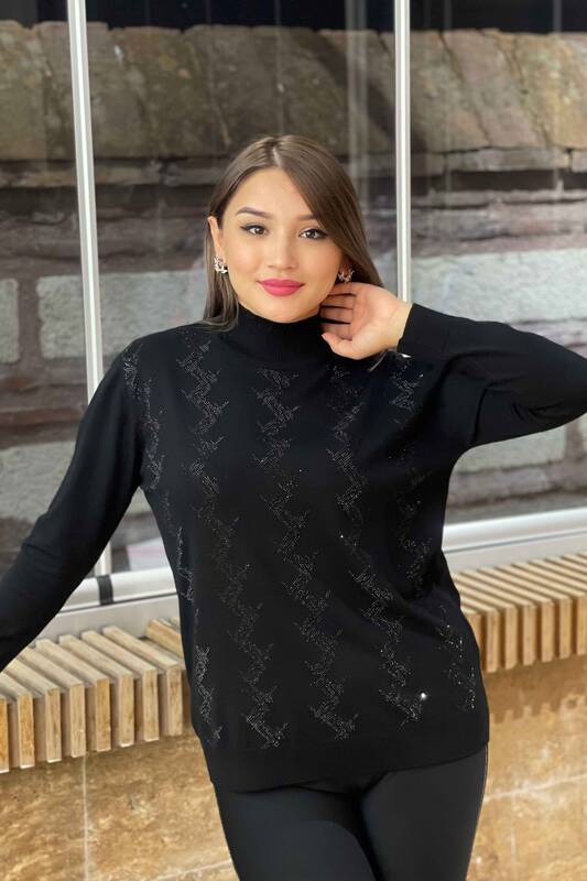 Vente en gros de pull en tricot pour femmes à motifs col montant brodé - 16606 | KAZEE