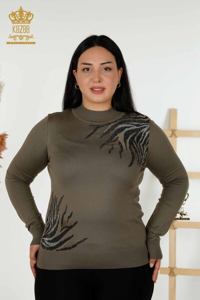 Grossiste Pull en Tricot pour Femme - À Motifs - Kaki - 30005 | KAZEE - Thumbnail