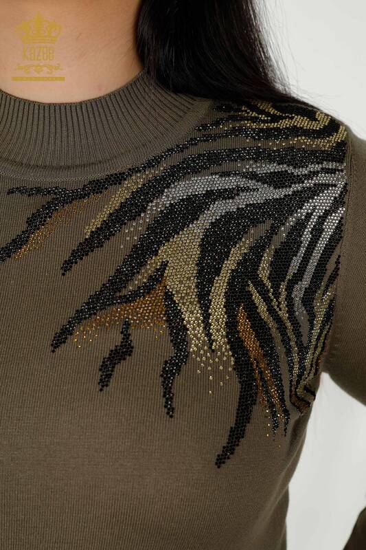 Grossiste Pull en Tricot pour Femme - À Motifs - Kaki - 30005 | KAZEE