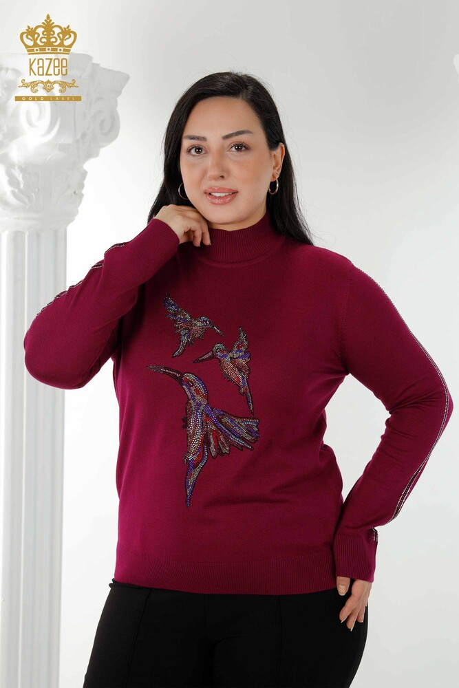 Grossiste Pull en Tricot Femme Motif Oiseau Violet - 16459 | KAZEE - 1