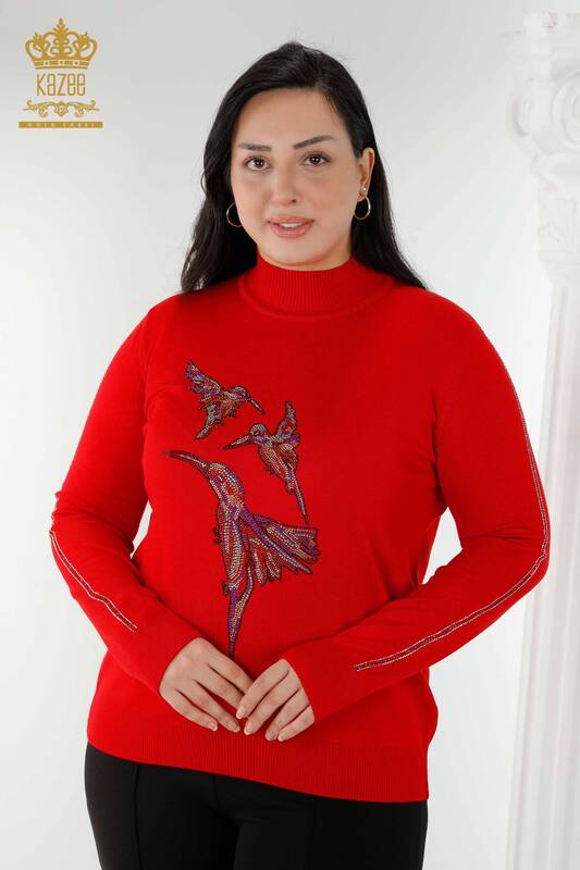 Grossiste Pull Femme Tricot Motif Oiseaux Rouge - 16459 | KAZEE