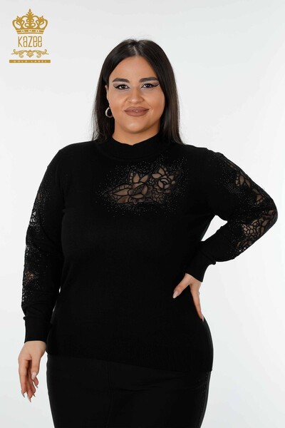 Grossiste Pull Femme Tricot Motif Rose Noir - 16832 | KAZEE 