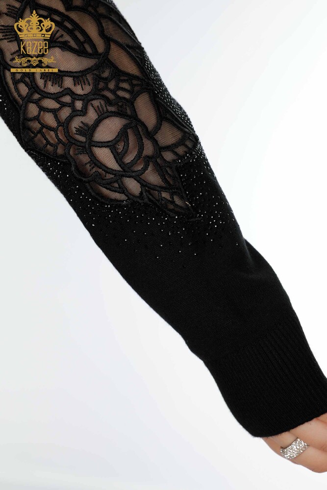 Grossiste Pull Femme Tricot Motif Rose Noir - 16832 | KAZEE - 6