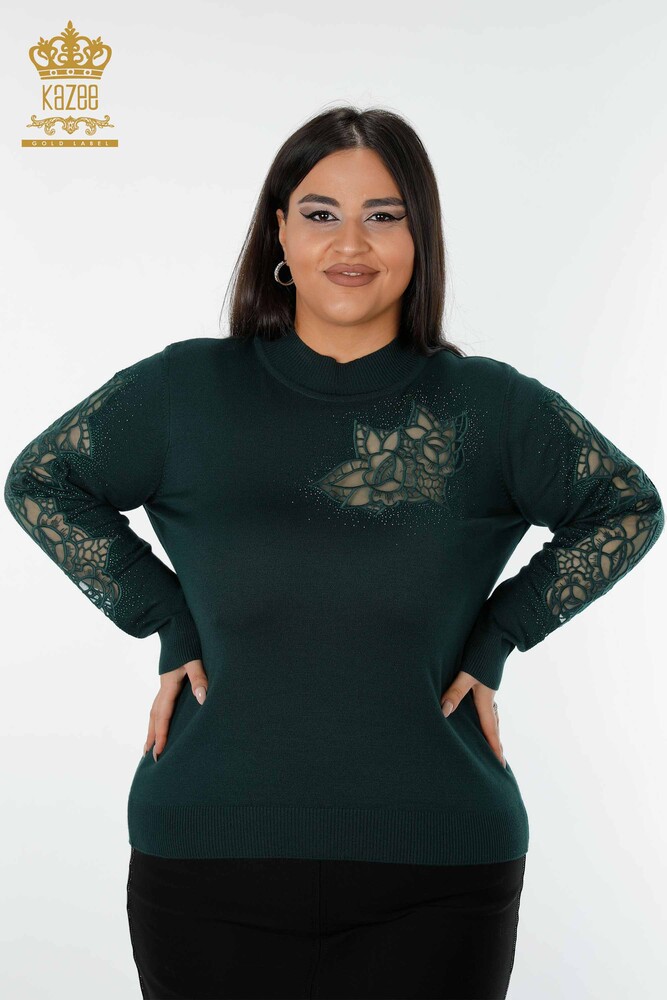 Grossiste Pull Femme Tricot Motif Rose Vert Foncé - 16832 | KAZEE - 1