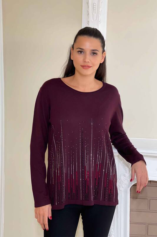 Vente en gros de pull en tricot pour femme Stone brodé ras du cou - 15584 | KAZEE