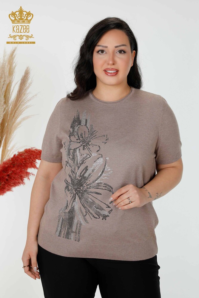 Grossiste Pull en Tricot Femme Pierre Motif Floral Brodé Vison - 16907 | KAZEE - 1