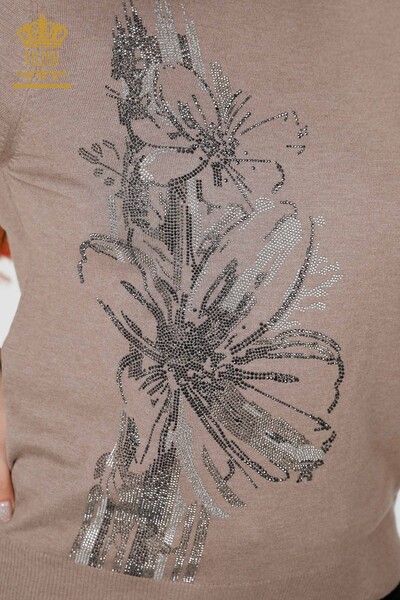 Grossiste Pull en Tricot Femme Pierre Motif Floral Brodé Vison - 16907 | KAZEE - 3