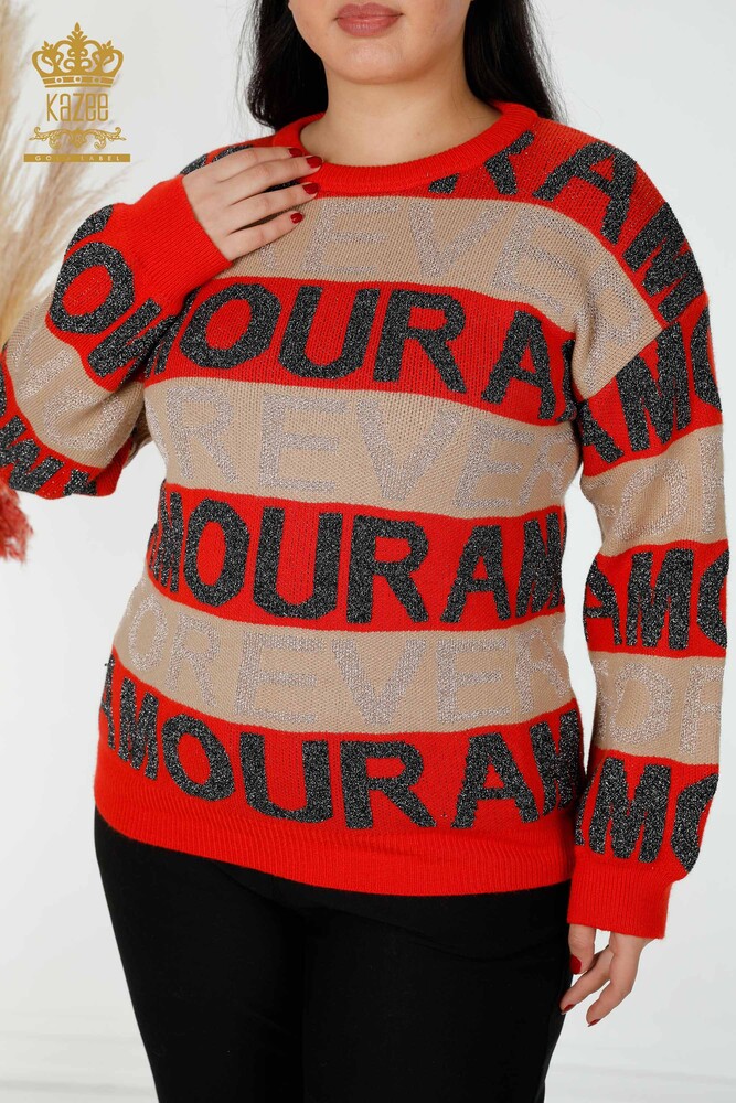Grossiste Pull Femme Lettre Détaillée Corail - 30022 | KAZEE - 2