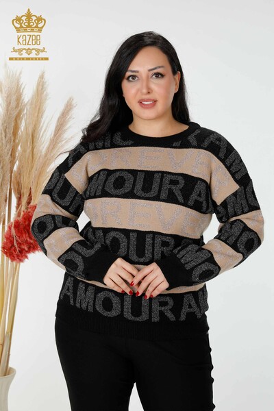 Grossiste Pull Femme Lettre Détaillée Noir - 30022 | KAZEE 