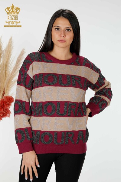 Grossiste Pull Femme Lettre Détaillée Violet - 30022 | KAZEE 