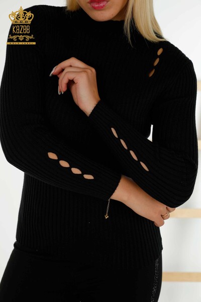 Grossiste Pull en Tricot pour Femmes - Trou Détaillé - Noir - 30395 | KAZEE - Thumbnail