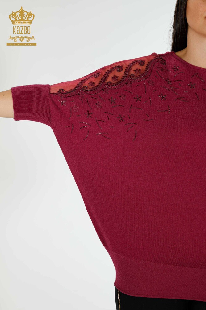 Grossiste Femme Tricot Pull Tulle Détaillé Violet - 16826 | KAZEE - 3