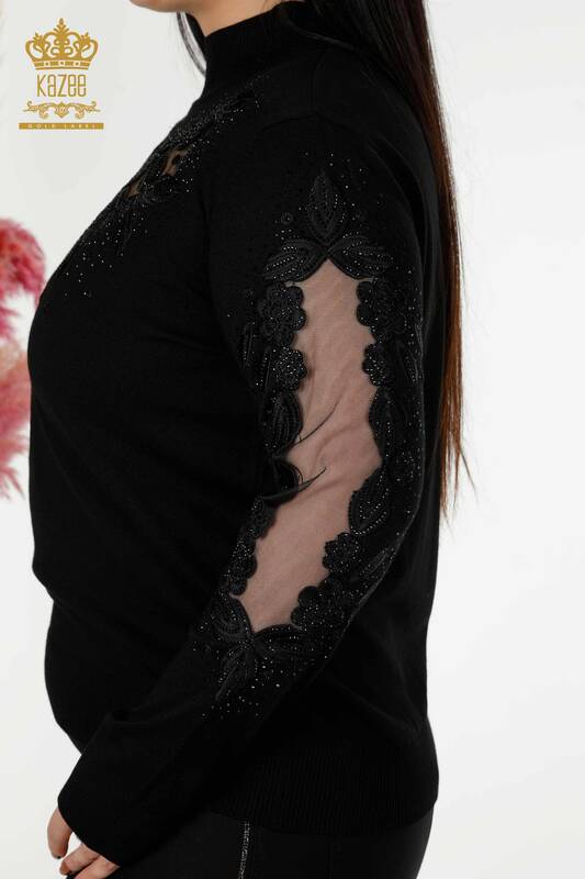 Grossiste Pull Femme Tricot Tulle Détaillé Noir - 30123 | KAZEE