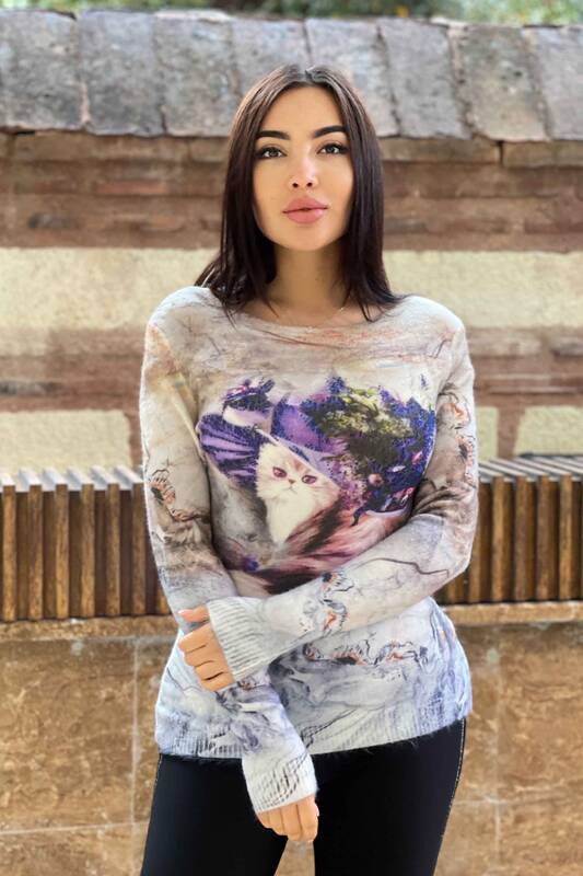 Vente en gros de tricots angora à impression numérique de chat pour femmes - 18548 | KAZEE