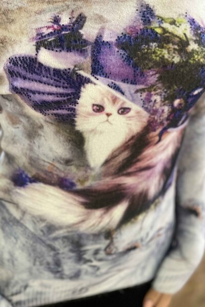 Vente en gros de tricots angora à impression numérique de chat pour femmes - 18548 | KAZEE - Thumbnail
