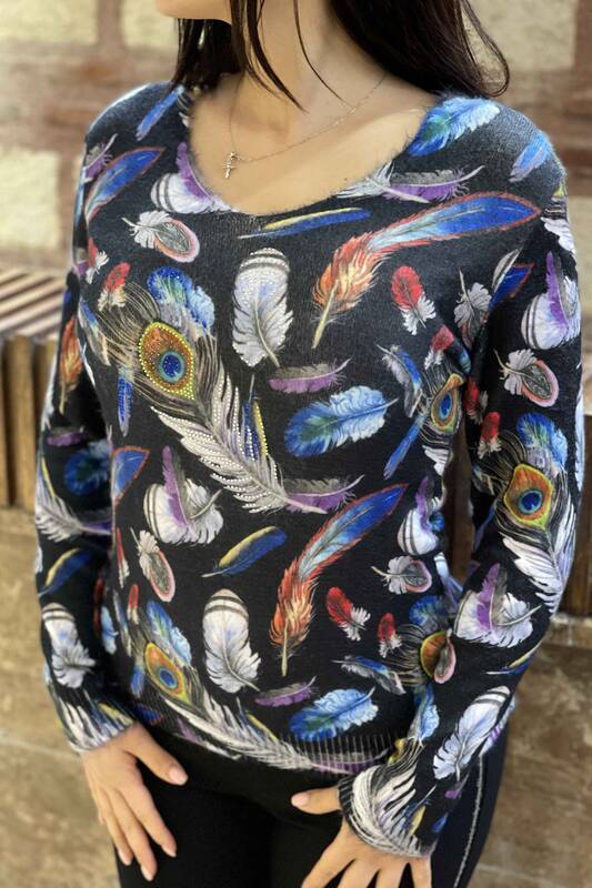 Vente en gros de tricots angora imprimés de plumes numériques pour femmes- 18844 | KAZEE