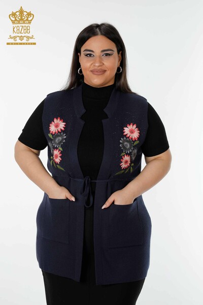 Grossiste Gilet Femme Motif Floral Bleu Marine - 16804 | KAZEE - 1