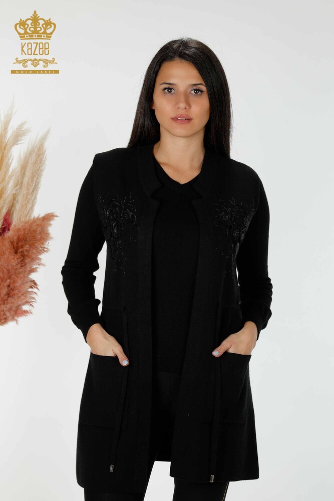Grossiste Femme Gilet Pierre Brodé Noir - 16830 | KAZEE - 1