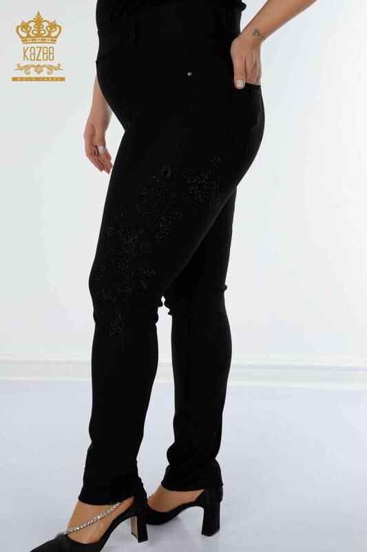 Grossiste Leggings Pantalons Femme Motif Floral Noir - 3620 | KAZEE