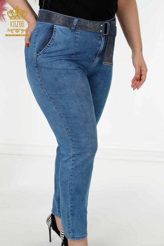 Grossiste Jeans Femme Avec Poche Ceinture Détaillé Bleu - 3687 | KAZEE
