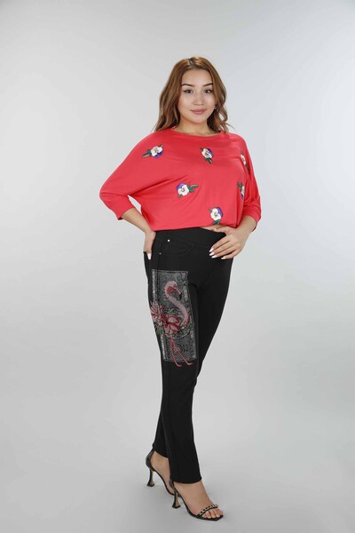 Vente en gros de pantalons détaillés flamants roses brodés de pierre pour femmes - 3412 | KAZEE - Thumbnail