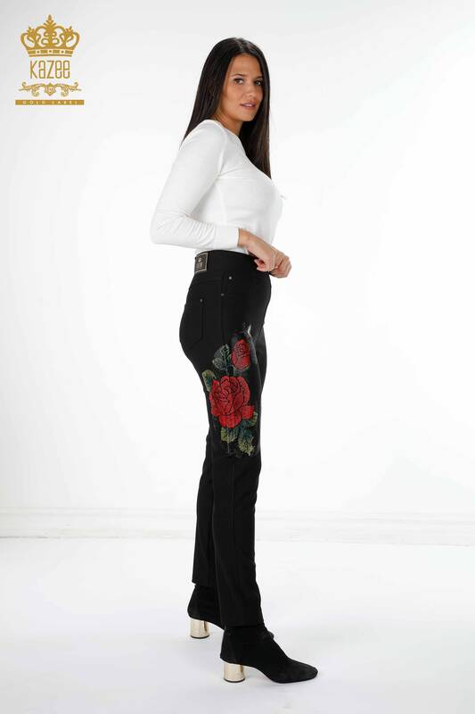 Grossiste Pantalon Femme Rose Motif Brodé Viscose avec Pierres - 3437 | KAZEE