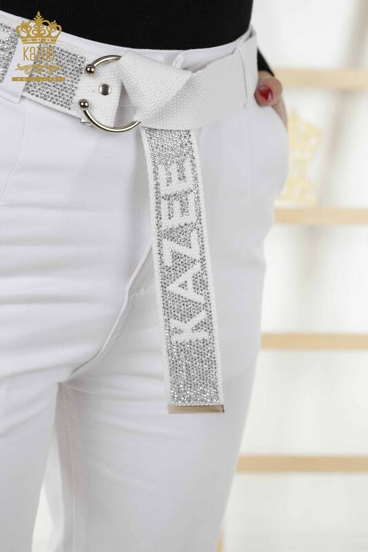 Grossiste Pantalon Femme - Ceinturé - Poches - Blanc - 3685 | KAZEE