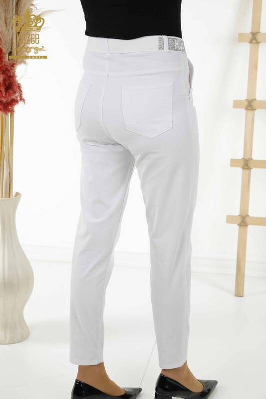 Grossiste Pantalon Femme - Ceinturé - Poches - Blanc - 3685 | KAZEE