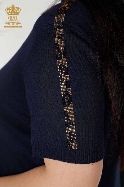 Grossiste Pull en Maille Femme Motif Tigre Marine - 16999 | KAZEE - 6
