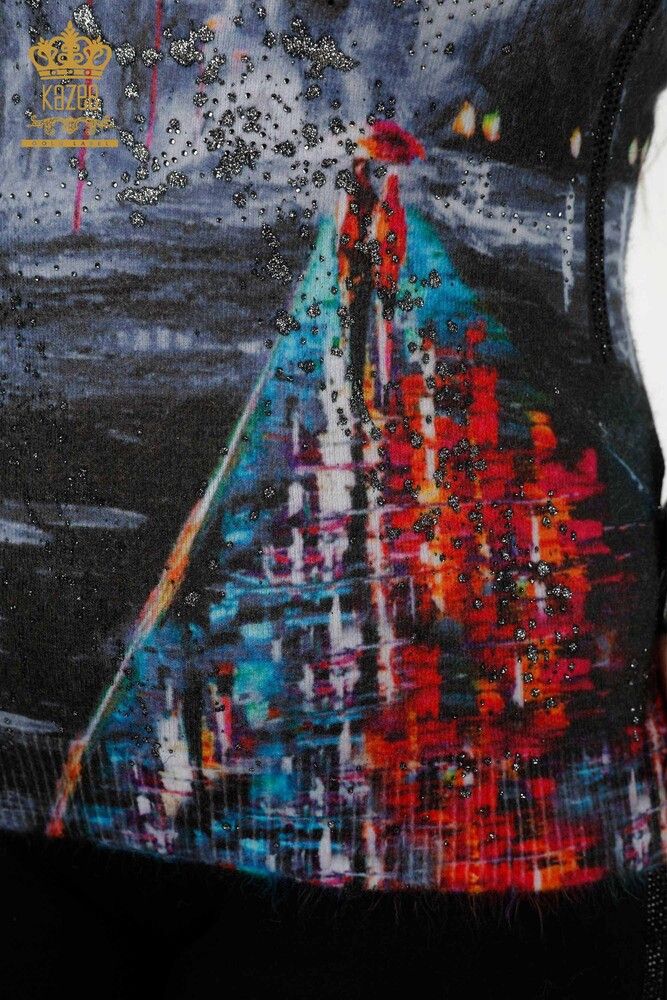 Grossiste Pull Femme Angora Digital Print Marine - 16009 | KAZEE - 4