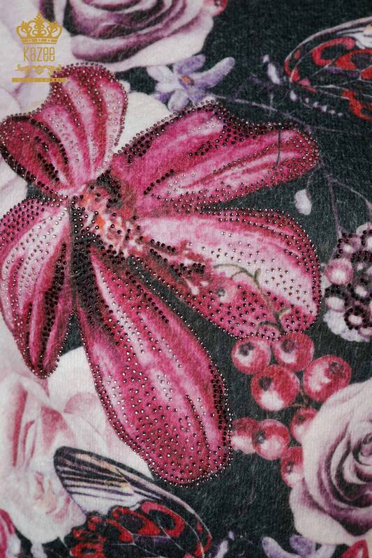 Grossiste Pull Femme Angora Motif Floral Violet - 16010 | KAZEE