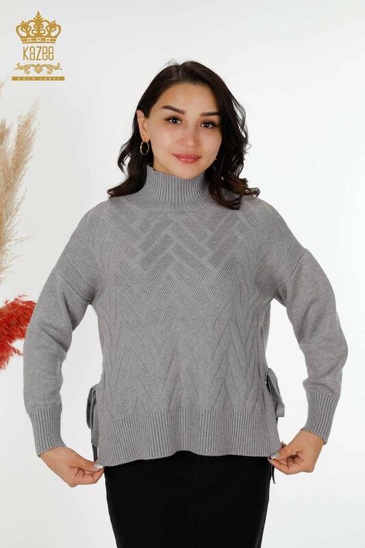 Vente en gros de pull en tricot pour femmes côté cravate à motifs gris - 30000 | KAZEE