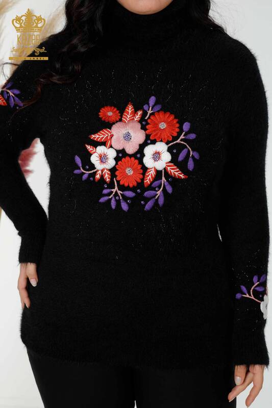 Grossiste Femme Tricot Pull Motif Floral Angora Noir - 18919 | KAZEE