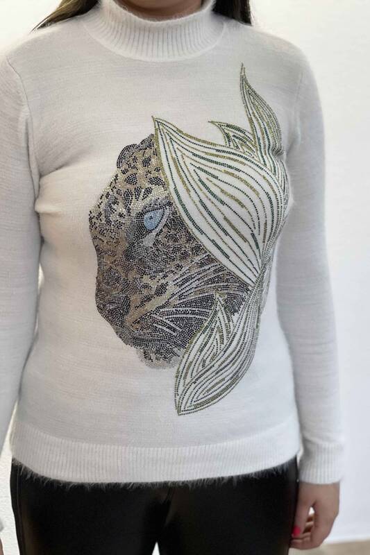 Vente en gros de pull angora brodé à imprimé léopard pour femme - 18907 | KAZEE