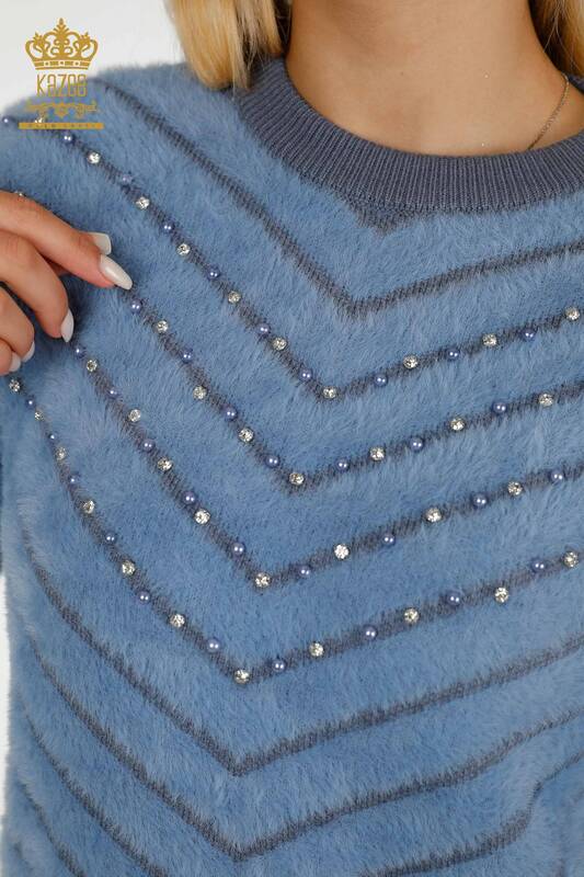 Grossiste Pull Femme - Angora Perles Brodées - Bleu - 30189 | KAZEE