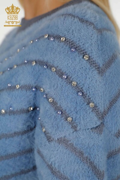Grossiste Pull Femme - Angora Perles Brodées - Bleu - 30189 | KAZEE - Thumbnail